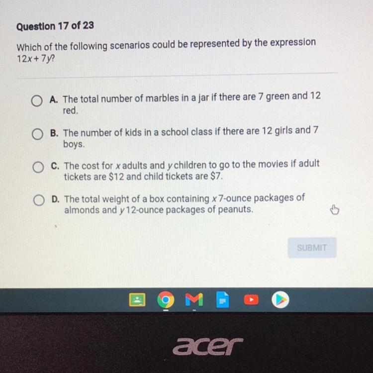 Which of the following scenarios could be represented by the expression 12x+7y?-example-1