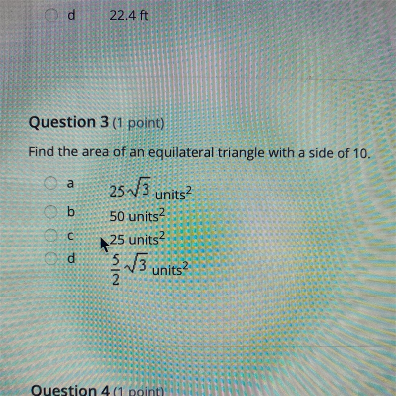 Find the area of an equilateral triangle with a side of 10. a-example-1