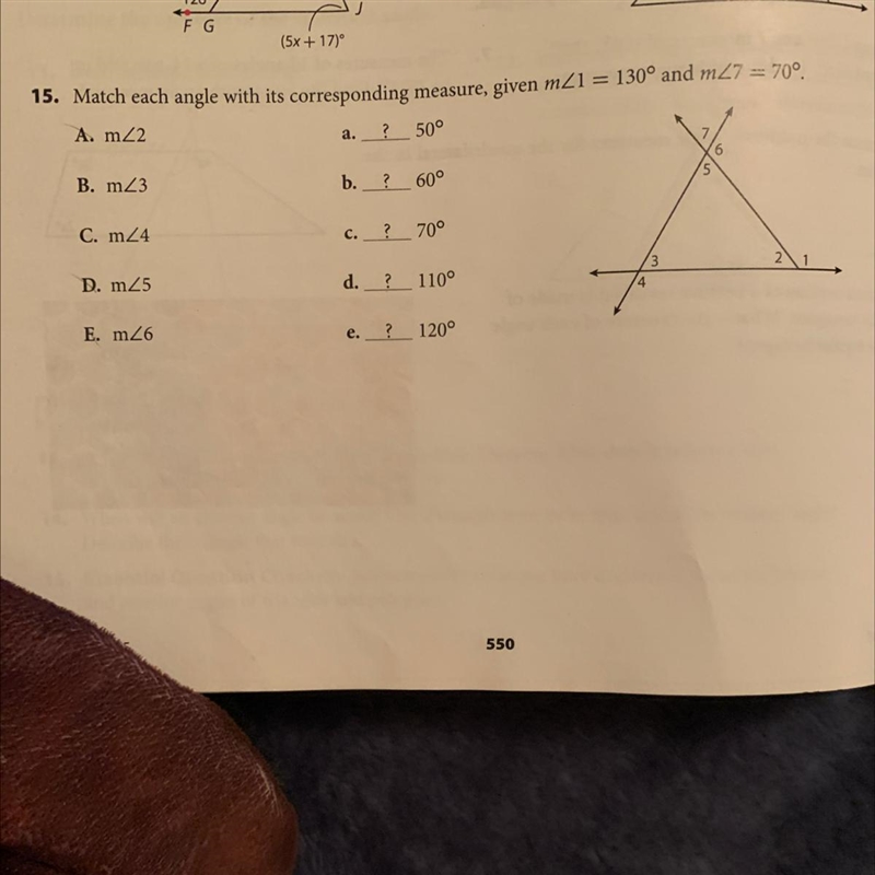 126 F G 2x (3x + 4)" ? (5x +17) Pesamad High 15. Match each angle with its corresponding-example-1