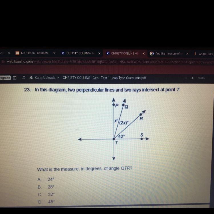 In this diagram, two perpendicular lines and two rays intersect at point T. What is-example-1