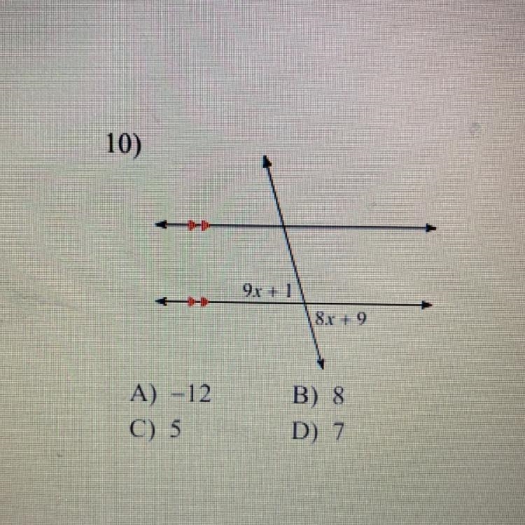 Solve for x A) -12 B) 8 C) 5 D) 7-example-1