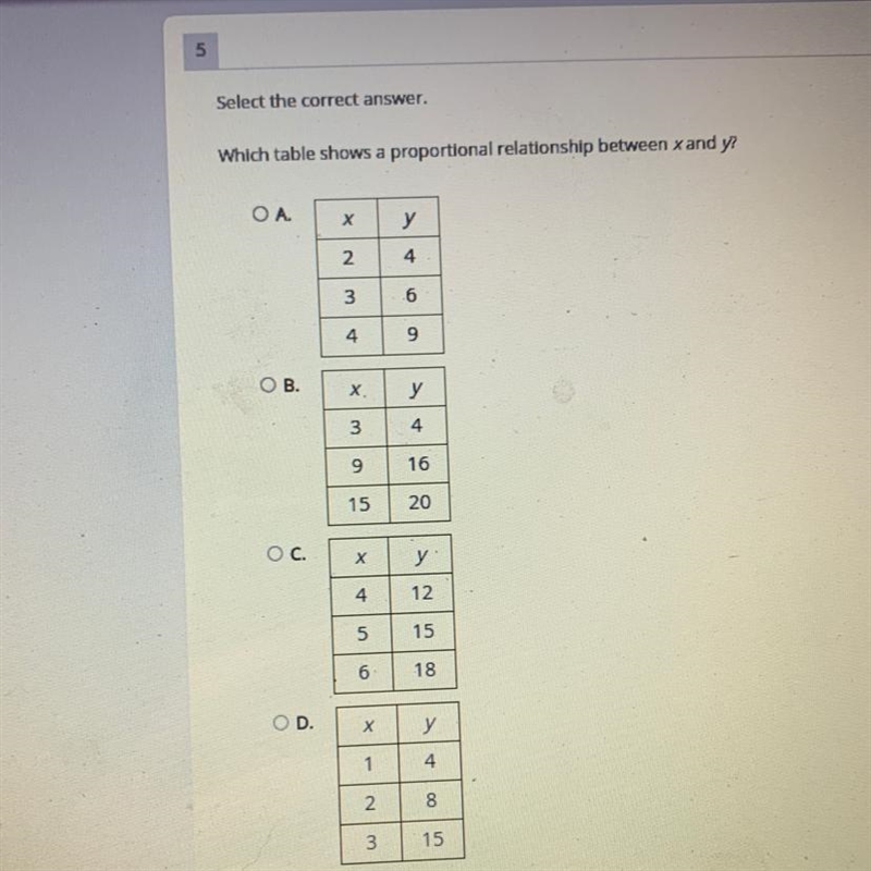 Which table shows a proportional relationship between x and y? OA. X у N 4 3 .6 4 9 ОВ-example-1