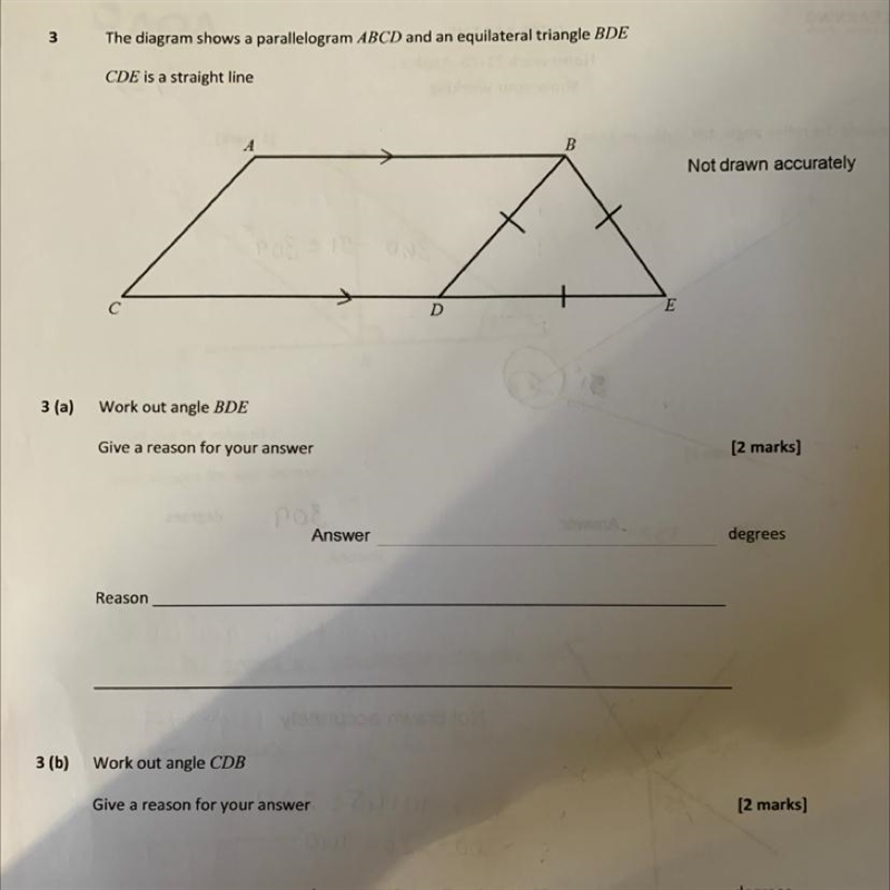 The diagram shows a parallelogram ABCD and an equilateral triangle BDE. CDE is a straight-example-1