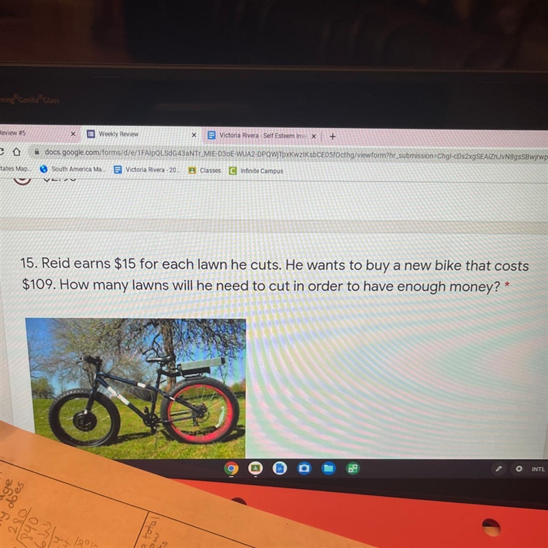 15. Reid earns $15 for each lawn he cuts. He wants to buy a new bike that costs $109. How-example-1