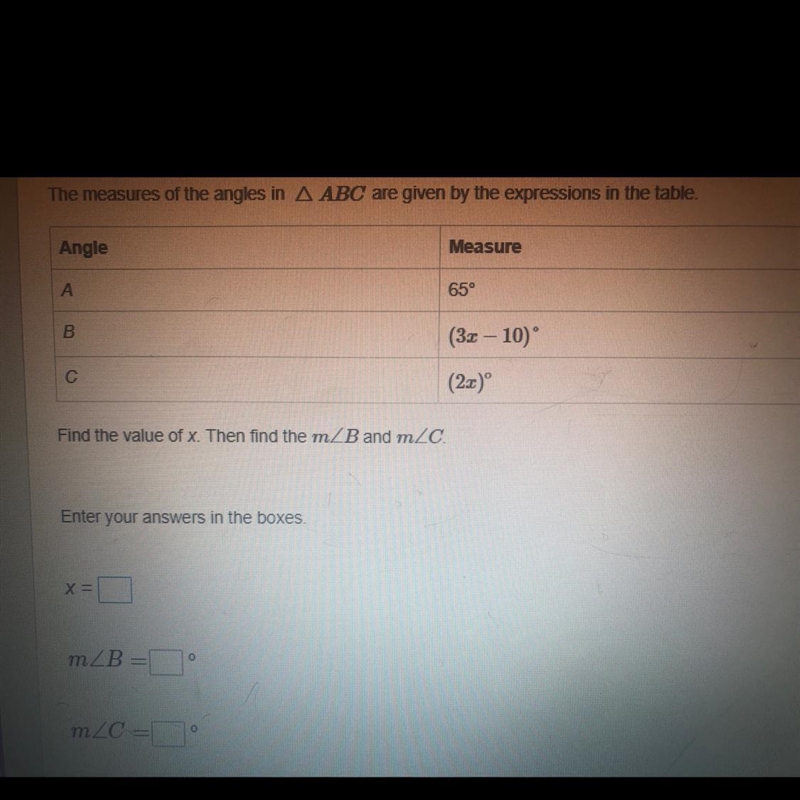 The measure of the angles in a triangle ABC are given by the expression in the table-example-1