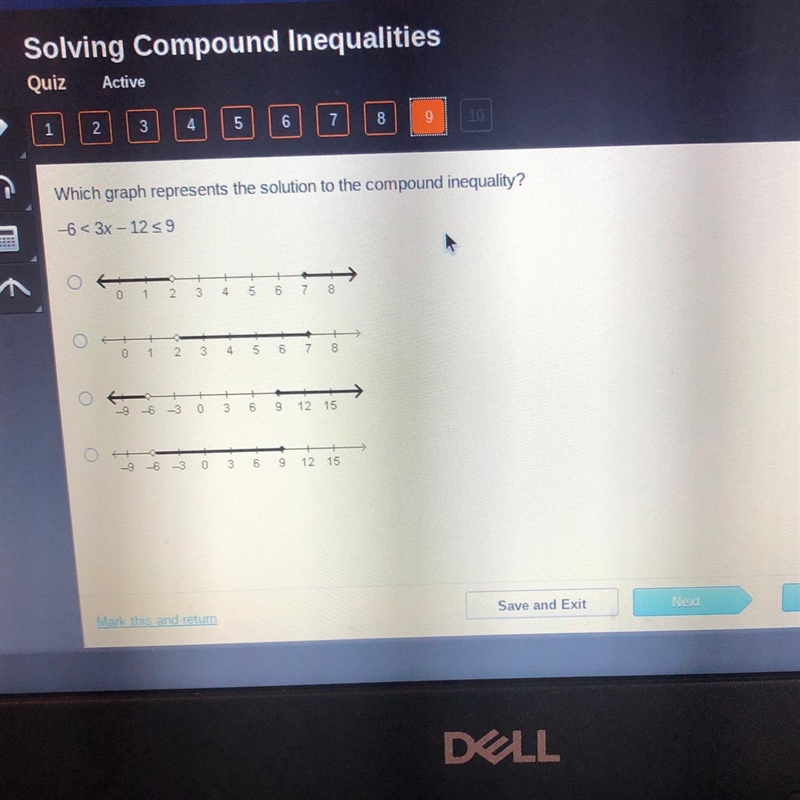 Which graph represents the solution to the compound inequality ? -6 < 3x - 12s-example-1