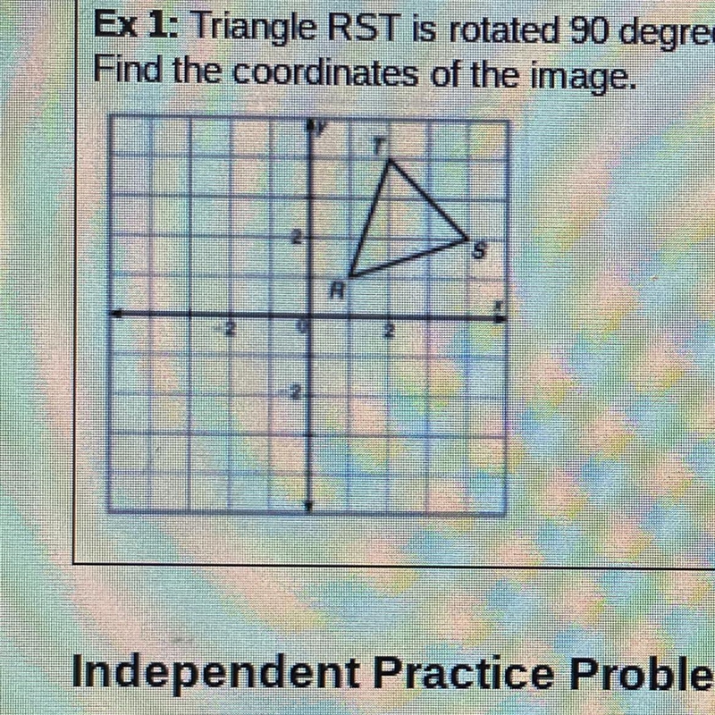 Ex 1: Triangle RST is rotated 90 degrees counterclockwise about the origin, then reflected-example-1