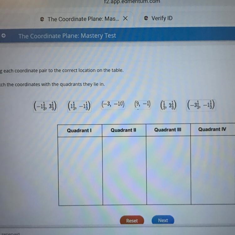 Drag each coordinate air to the correct location on the table Quadrant Quadrant Quadrant-example-1