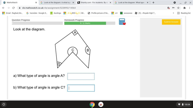 Look at the diagram. What type of angle is angle B? What type of angle is angle D-example-1