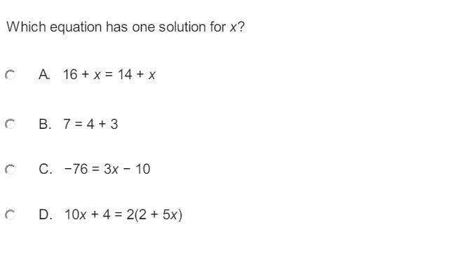 Please help asap !!!!!! Which equation has one solution for x?-example-1