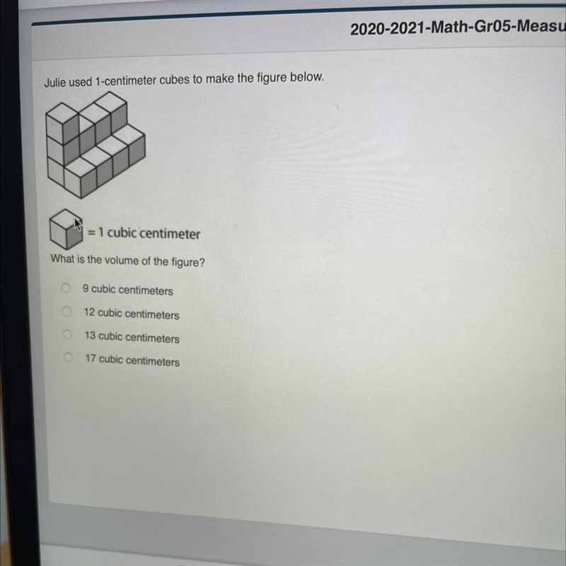 Julie used 1-centimeter cubes to make the figure below. = 1 cubic centimeter What-example-1