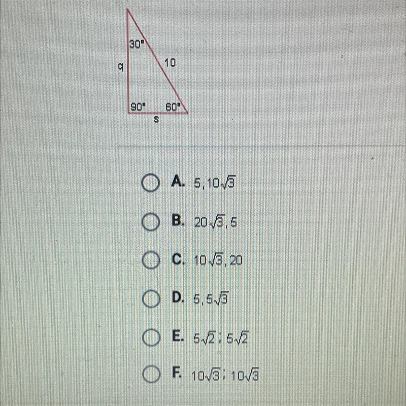 In the 30-60-90 triangle below, side s has a length of ___ and side q has a length-example-1