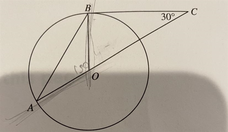 In the figure above, point O is the center of the circle, line segment BC is tangent-example-1