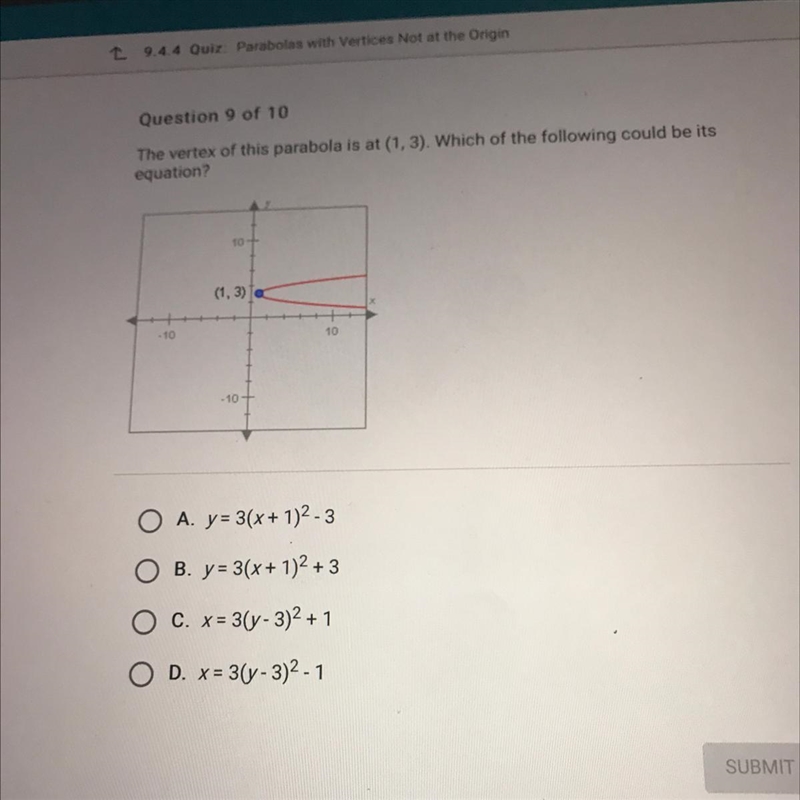 The vertex of this parabola is at (1,3). Which of the following could be its equation-example-1