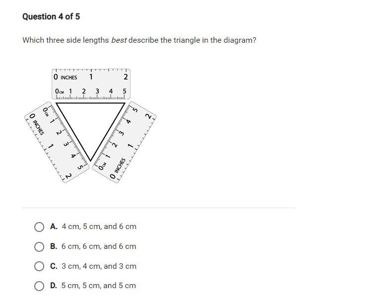 Which three side lengths best describe the triangle in the diagram?-example-1