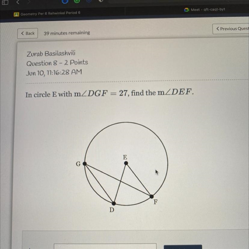 In circle E with m DGF = 27, find the mZDEF.-example-1