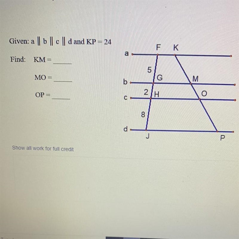 Given: а | b | c | d and KP = 24 FK a Find: KM =-example-1