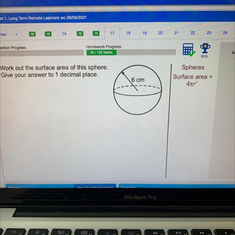 Work out the surface area of this sphere. Give your answer to 1 decimal place. Spheres-example-1