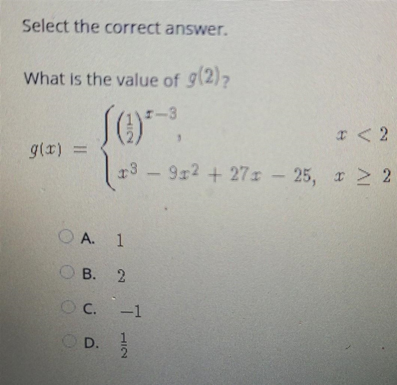 Select the correct answer. What is the value of g(2)?​-example-1