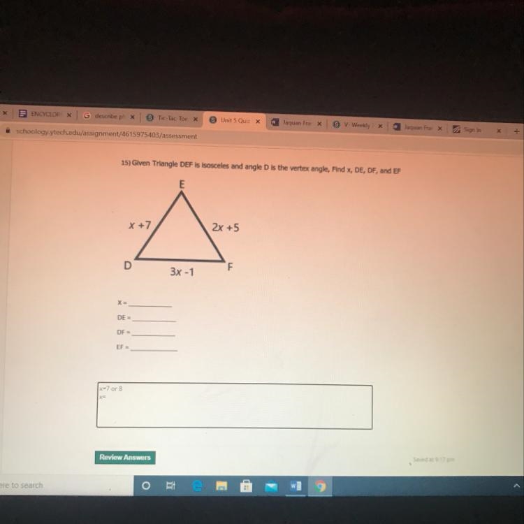 Given Triangle DEF is isosceles and angle D is the vertex angle, Find x, DE, DF, EF-example-1