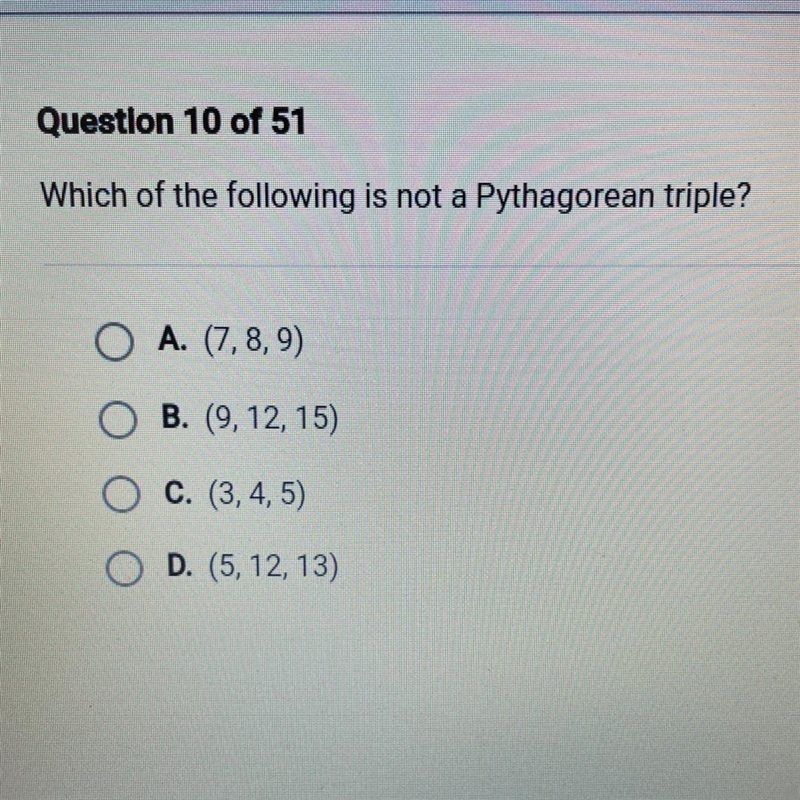 Which of the following is not a pythagorean triple?-example-1