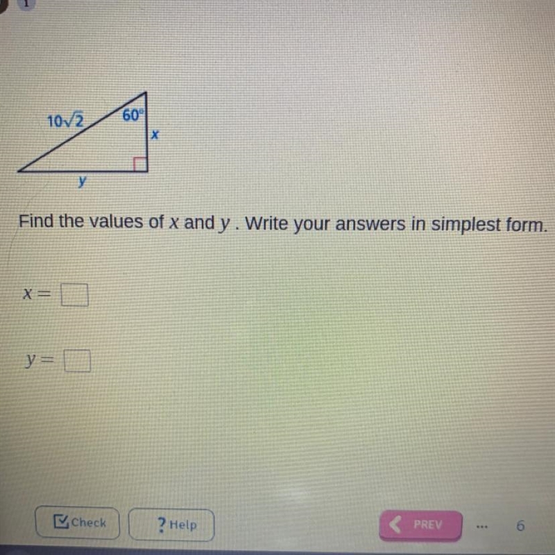 Find the values of x and y. Write your answers in simplest form.-example-1