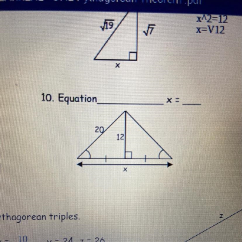 Find the equations and x use Pythagorean theorem-example-1