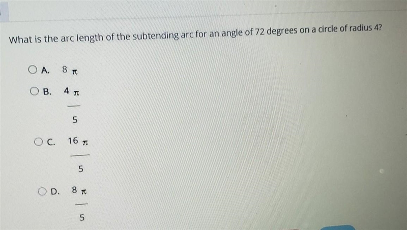 What is the arc length of the subtending arc for an angle of 72 degrees on a circle-example-1