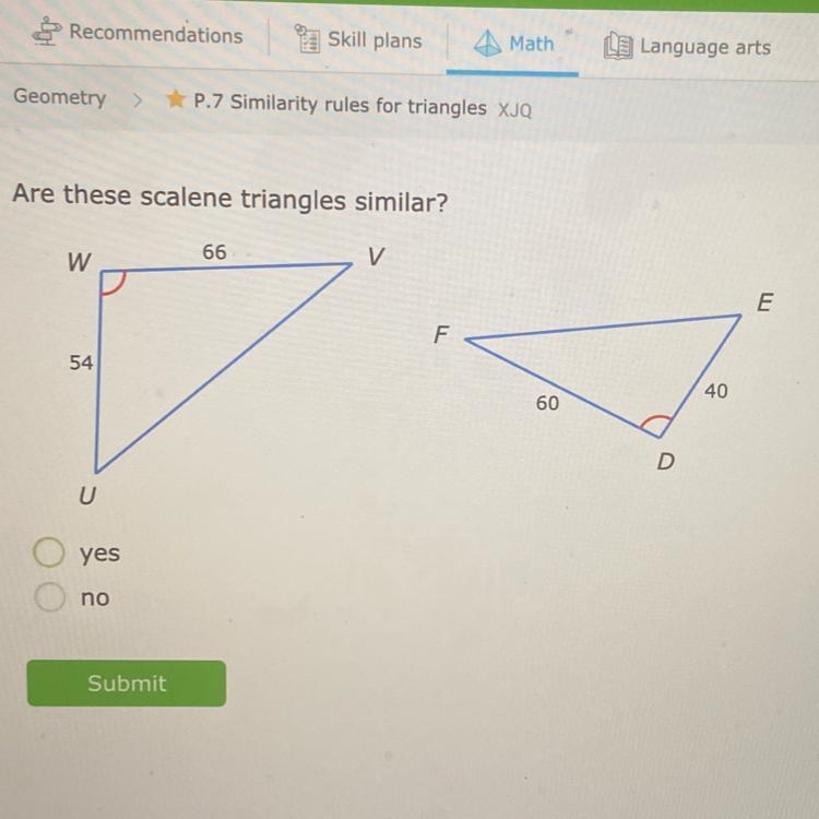 Are these scalene triangles similar?-example-1