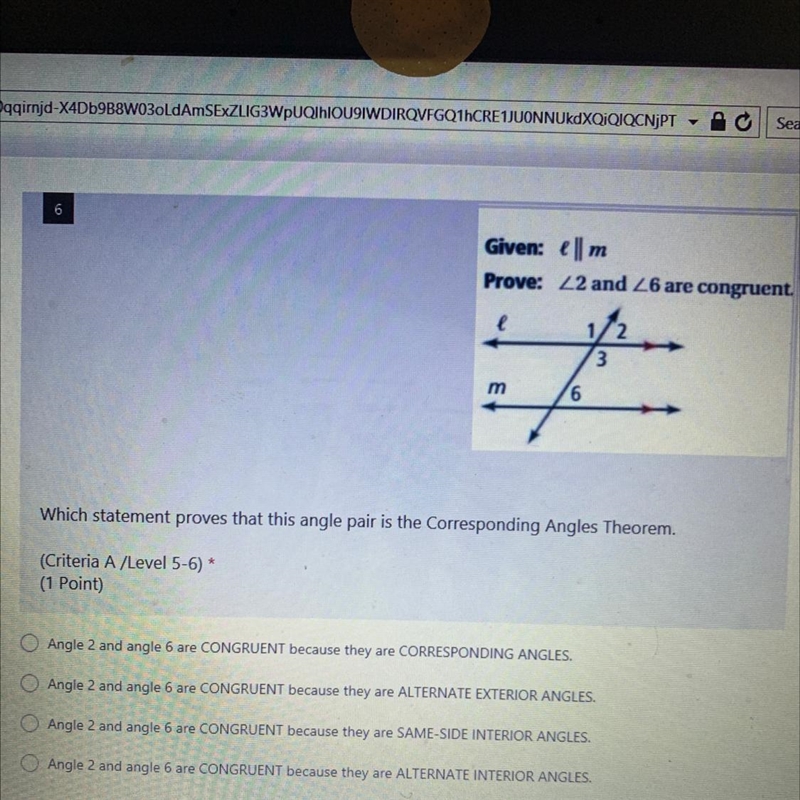 Which statement proves that this angle pair is the Corresponding Angles Theorem. Criteria-example-1