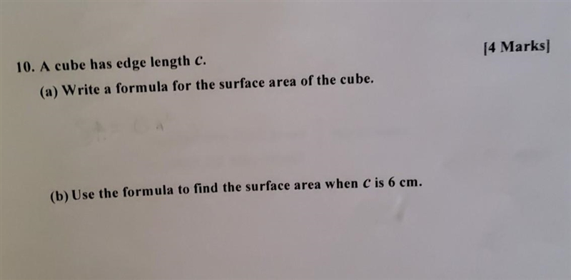 10. A cube has edge length c. (a) Write a formula for the surface area of the cube-example-1