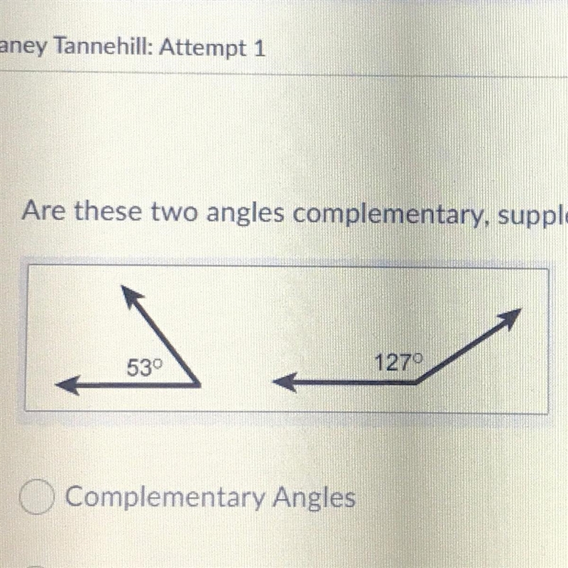 Are these two angles complementary, supplementary, or neither? 530 1270 Complementary-example-1