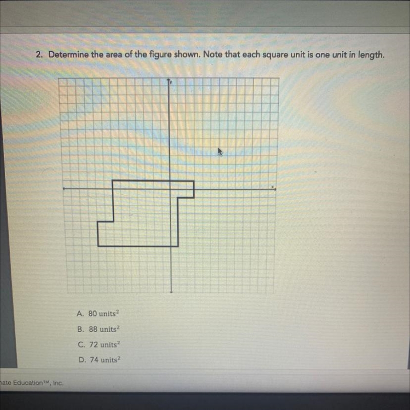 Determine the area of the figure shown. Note that each square unit is one unite in-example-1