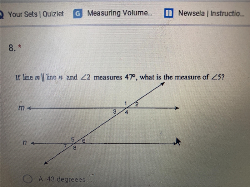 If line m || line n and angle 2 measures 47 degrees, what is the measure of angle-example-1