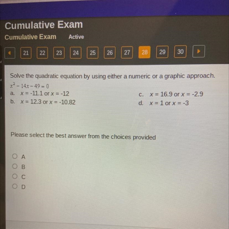 Solve the quadratic equation by using either a numeric or a graphic approach.-example-1