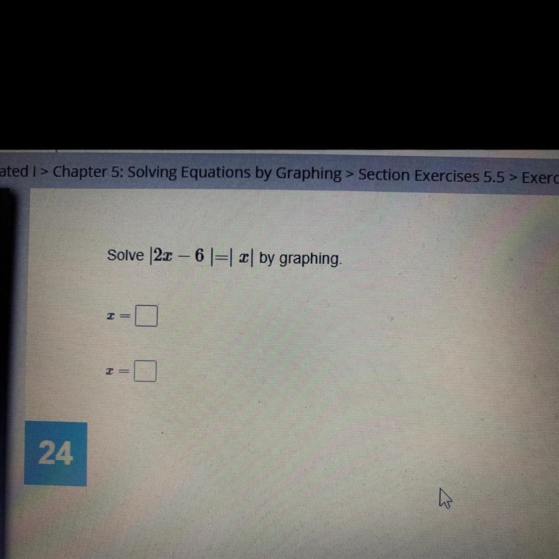 Solve | 2x - 6 | = |x| by graphing-example-1