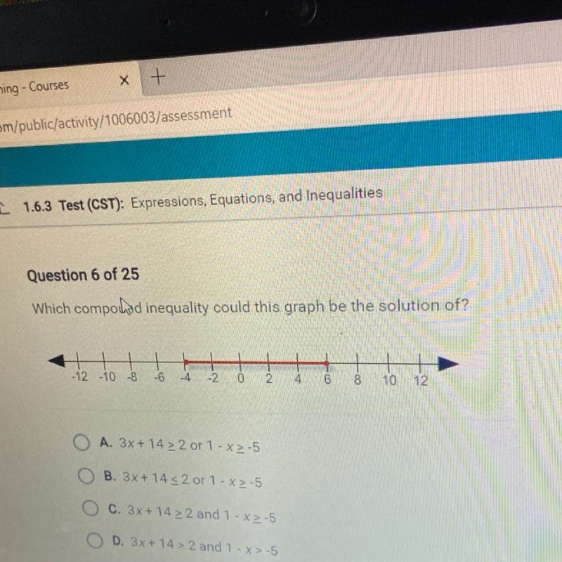 Which compound inequality could this graph be the solution of?-example-1