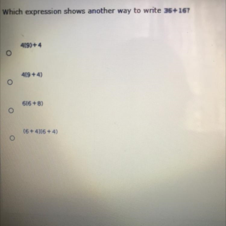 Which expresses shows another way to write 36+16?-example-1