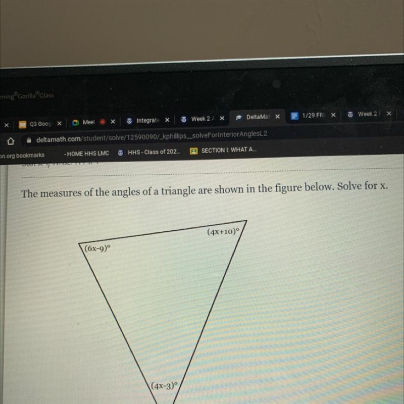 The measures of the angles of a triangle are shown in the figure below. Solve for-example-1