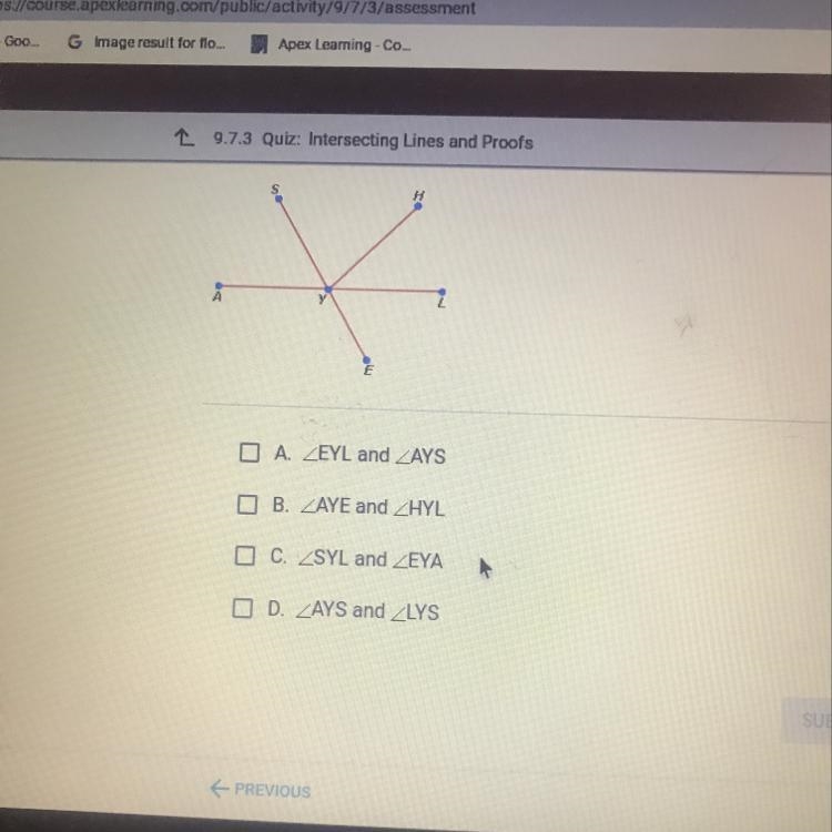 Which pairs of angles in the figure below are vertical angles? Check all that apply-example-1