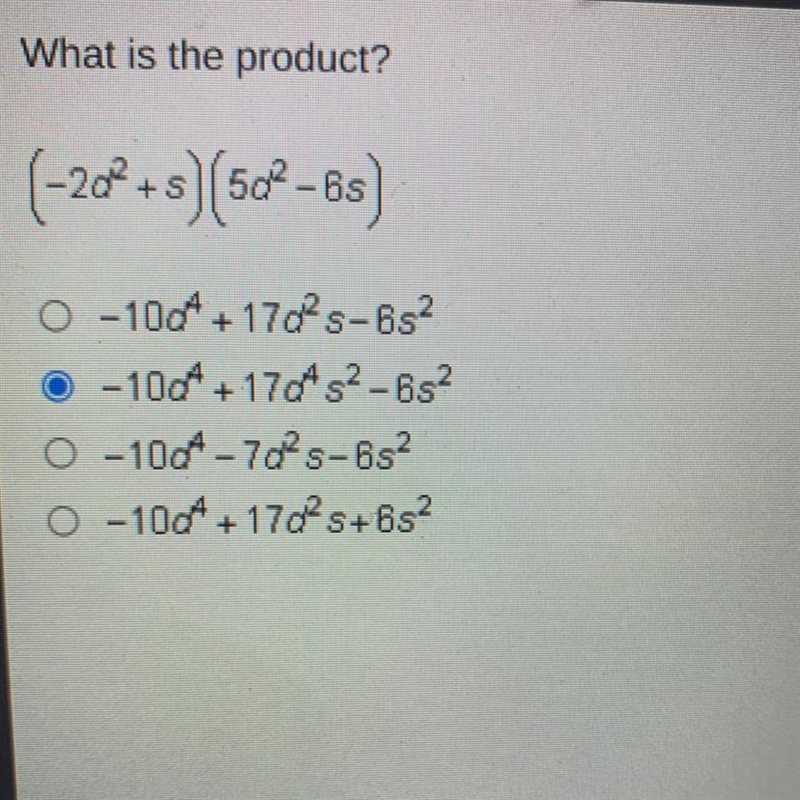 What is the product (-2a^2+s)(5a^2 -6s) PLS HELP-example-1