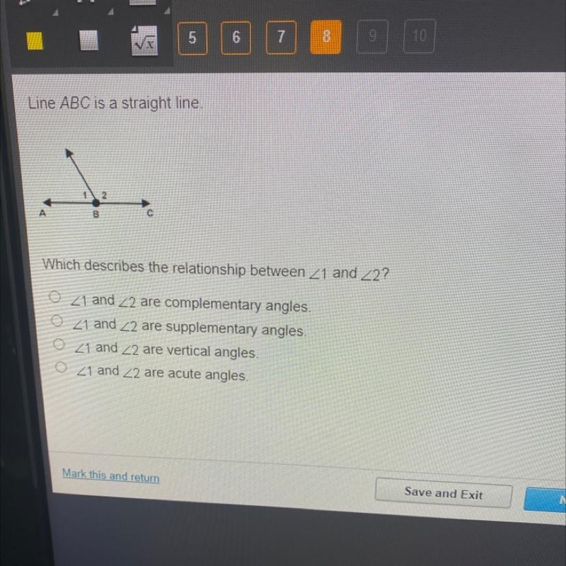 Line ABC is a straight line Which descnbes the relationship between 21 and 22? 21 and-example-1