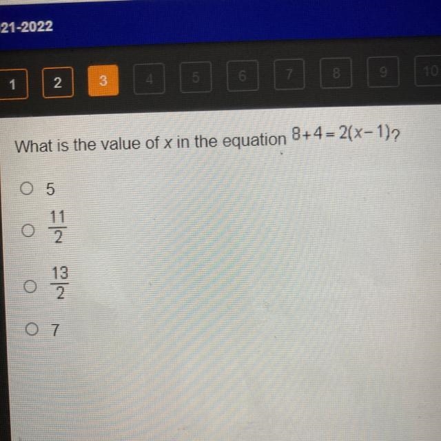 What is the value of x in the equation 8+4 = 2(x-1)2 O 5 11 o 2 끌 o 13 2 O 7-example-1