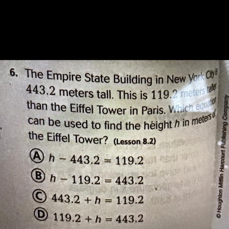 The Empire State Building in New York City 443.2 meters tall. This is 119.2 meters-example-1