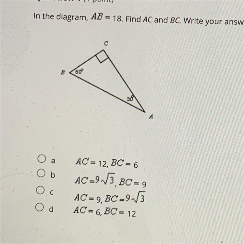 In the diagram, AB=18. find AC and BC-example-1