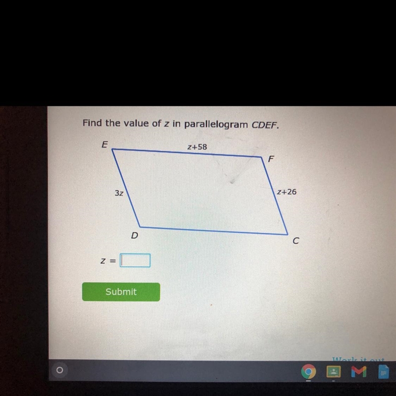 Find the value of z in parallelogram CDEF-example-1