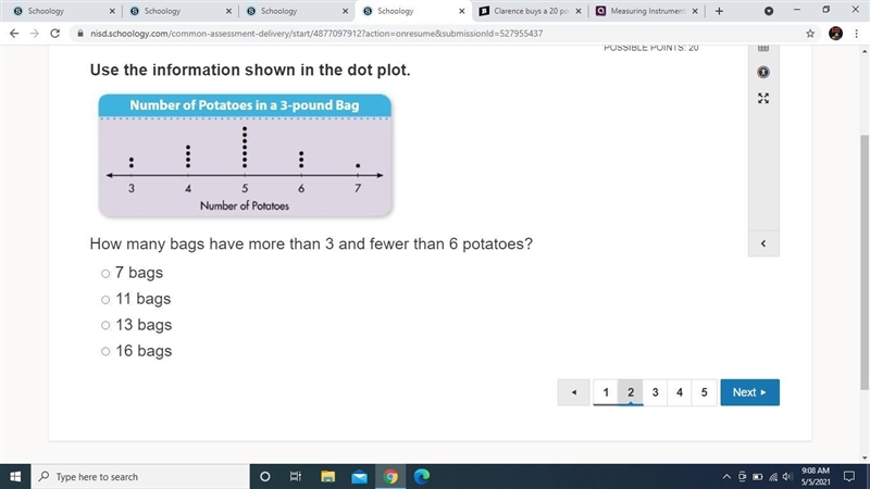 Use the information shown in the dot plot. How many bags have more than 3 and fewer-example-1