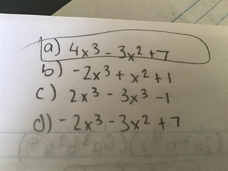 Hi this is algebra: Question: (x^(3) - x^(2) + 4) - ( 3x^(3) - 2x^(2) + 3) Answers-example-1