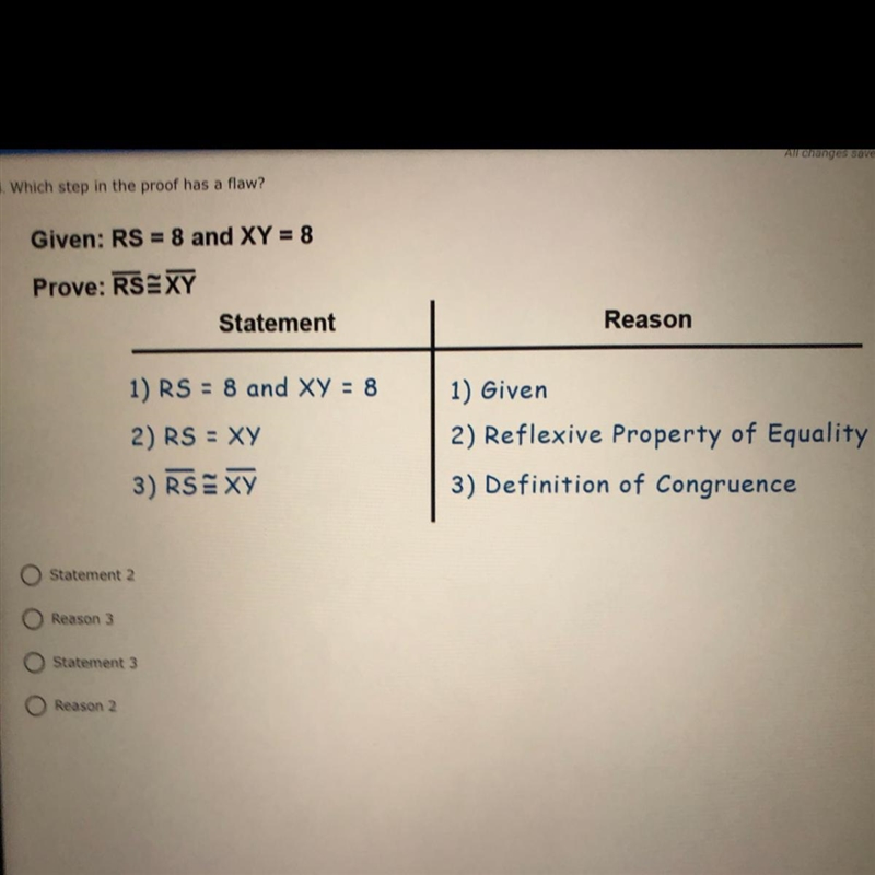 Which step in the proof has a flow? 1.Statement 2 2.Reason 3 3.statement 3 4.Reason-example-1