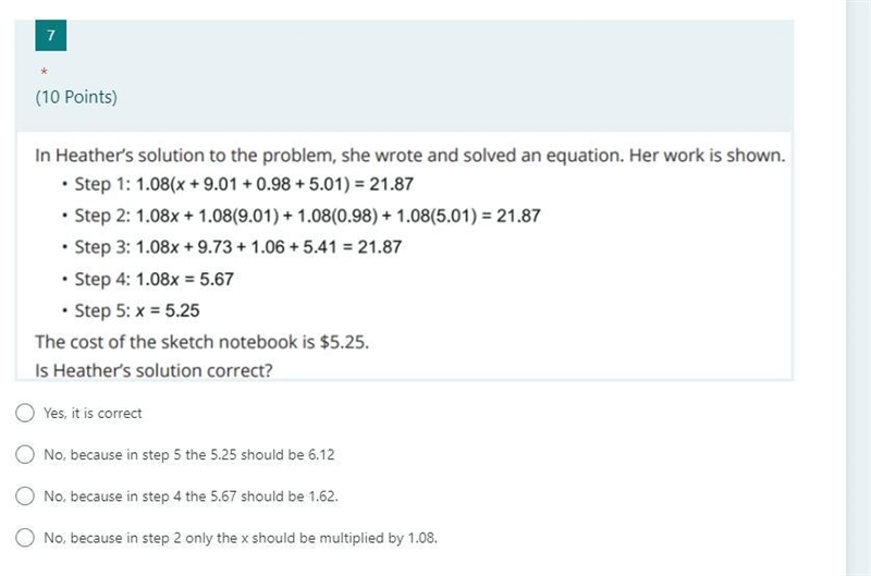 Yes, it is correct No, because in step 5 the 5.25 should be 6.12 No, because in step-example-1